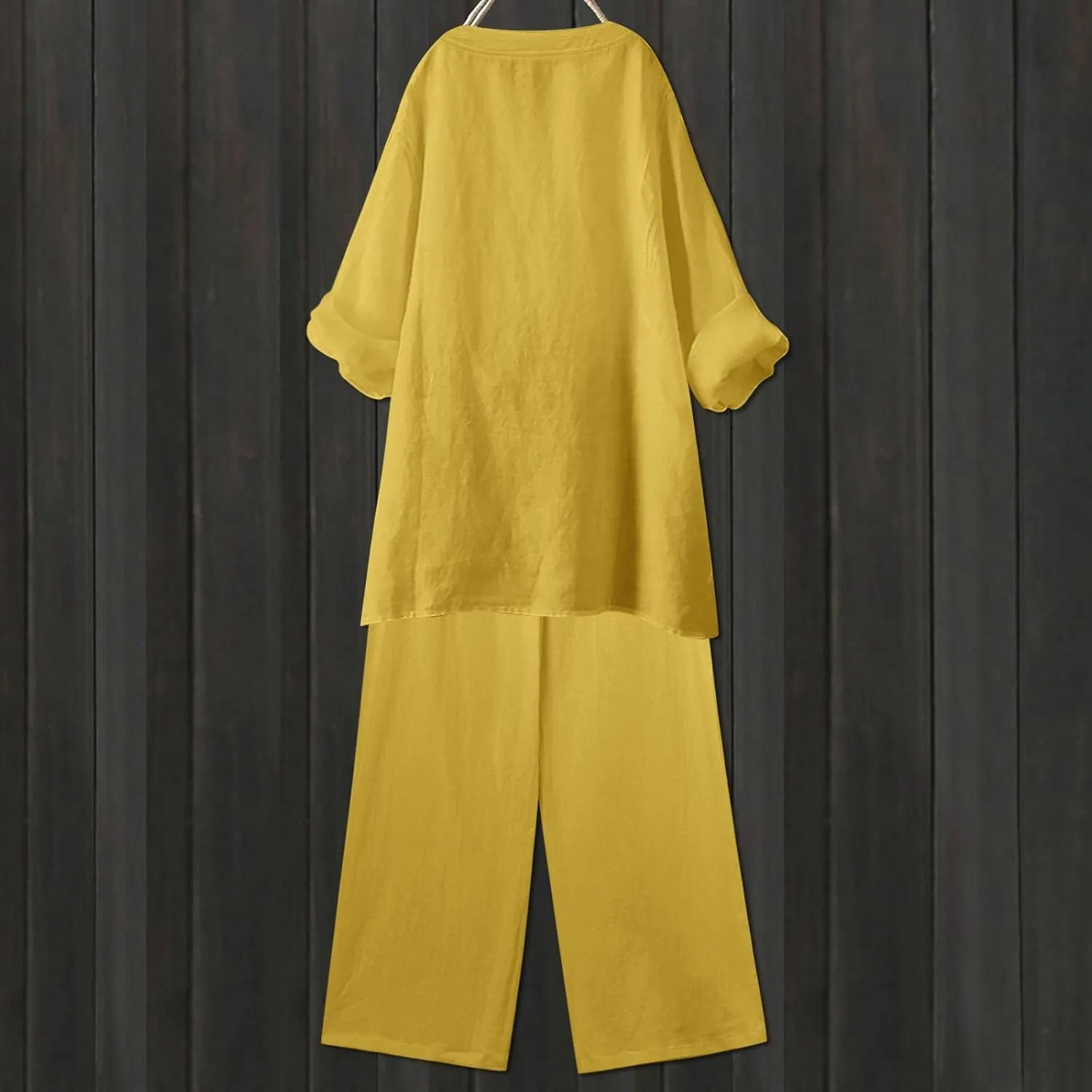 Linen Set For Women 2 Piece Summer Outfits Plus Size Long Sleeve Graphic Button Tees Capri Pants Lounge Matching Sets