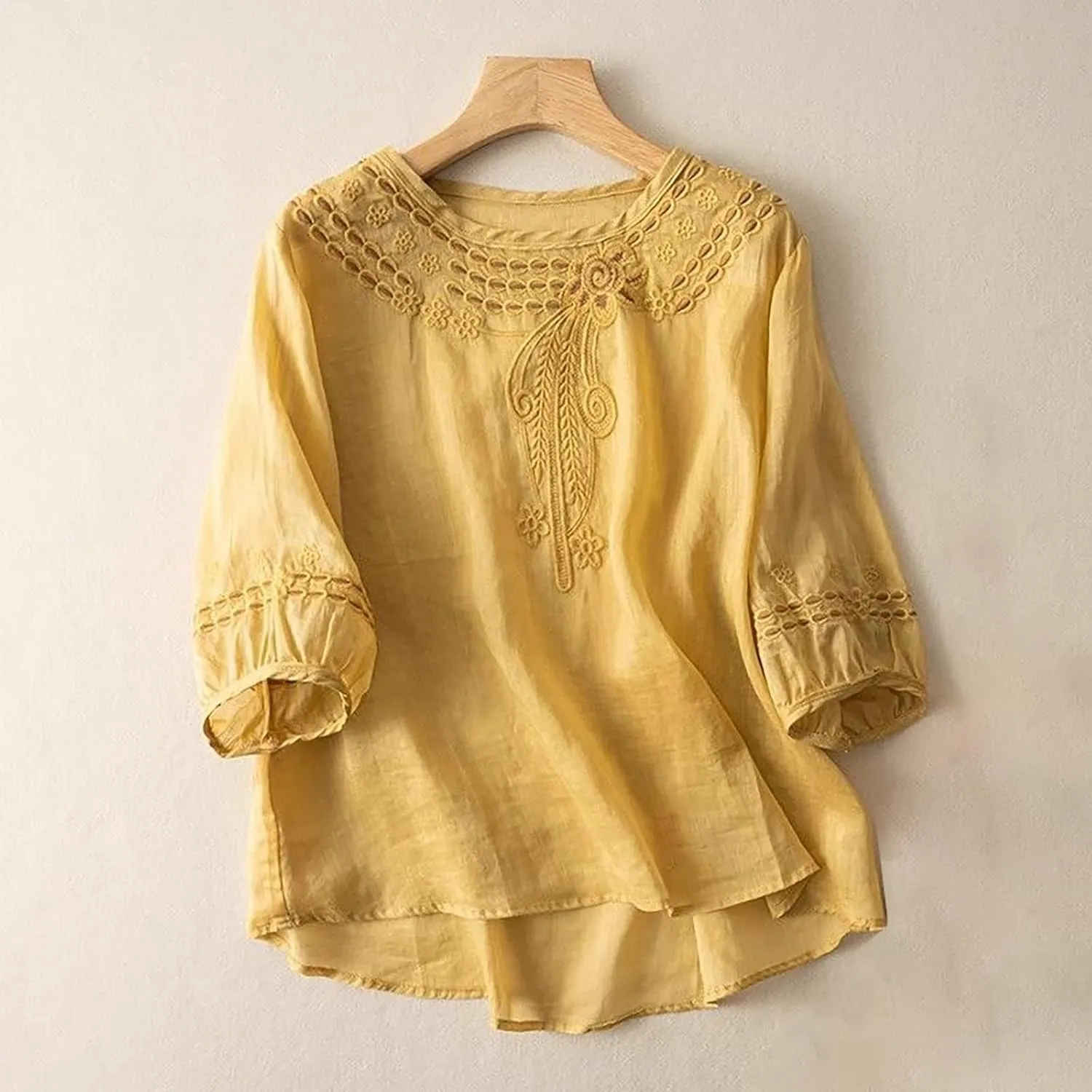 Linen Shirts for Women Summer 2025 Retro Embroidered 3/4 Sleeve Boho Tops Dressy Casual Blouses Teacher Loose Tunics