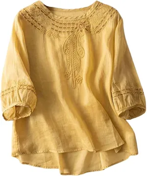 Linen Shirts for Women Summer 2025 Retro Embroidered 3/4 Sleeve Boho Tops Dressy Casual Blouses Teacher Loose Tunics