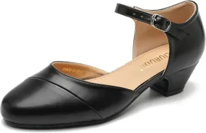 LIURUIJIA Women's Low Heels Dress Shoes Comfortable Closed Toe D'Orsay Pumps Ankle Strap Chunky Heels Black Matte 40 US 8