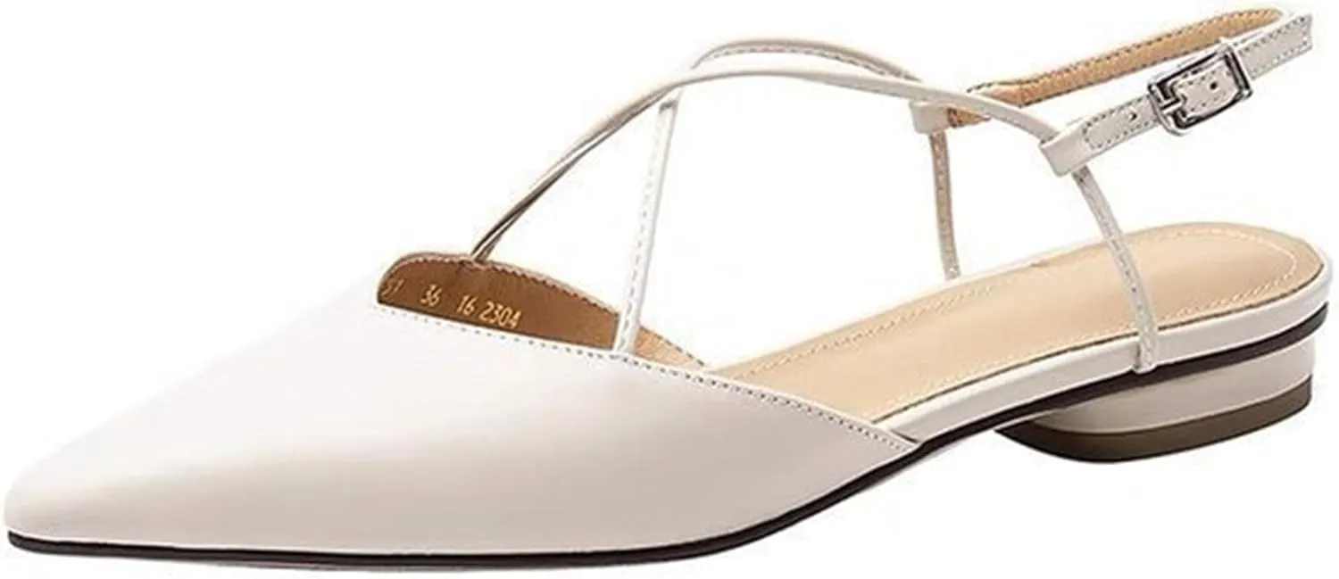 Lossarye Women's Pointed Toe Slingback Flats Comfort Adjustable Ankle Strap Backless Flat Sandals Low Heel Work Dress Shoes