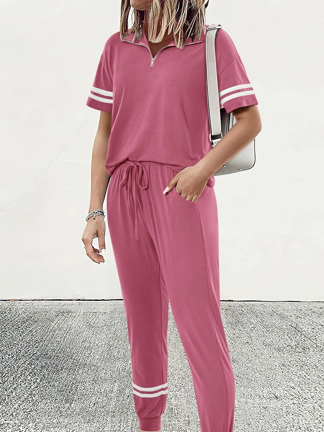 MASCOMODA 2 Piece Outfits for Women 2025 Summer Casual Quarter Zip Short Sleeve Tops Long Pants Tracksuit Jogger Lounge Sets