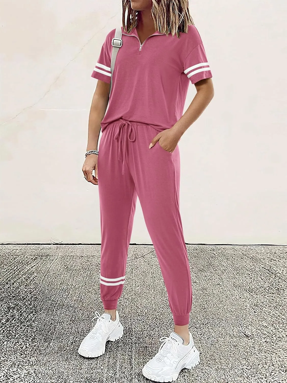 MASCOMODA 2 Piece Outfits for Women 2025 Summer Casual Quarter Zip Short Sleeve Tops Long Pants Tracksuit Jogger Lounge Sets