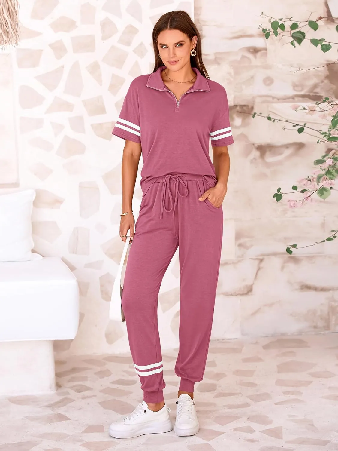 MASCOMODA 2 Piece Outfits for Women 2025 Summer Casual Quarter Zip Short Sleeve Tops Long Pants Tracksuit Jogger Lounge Sets