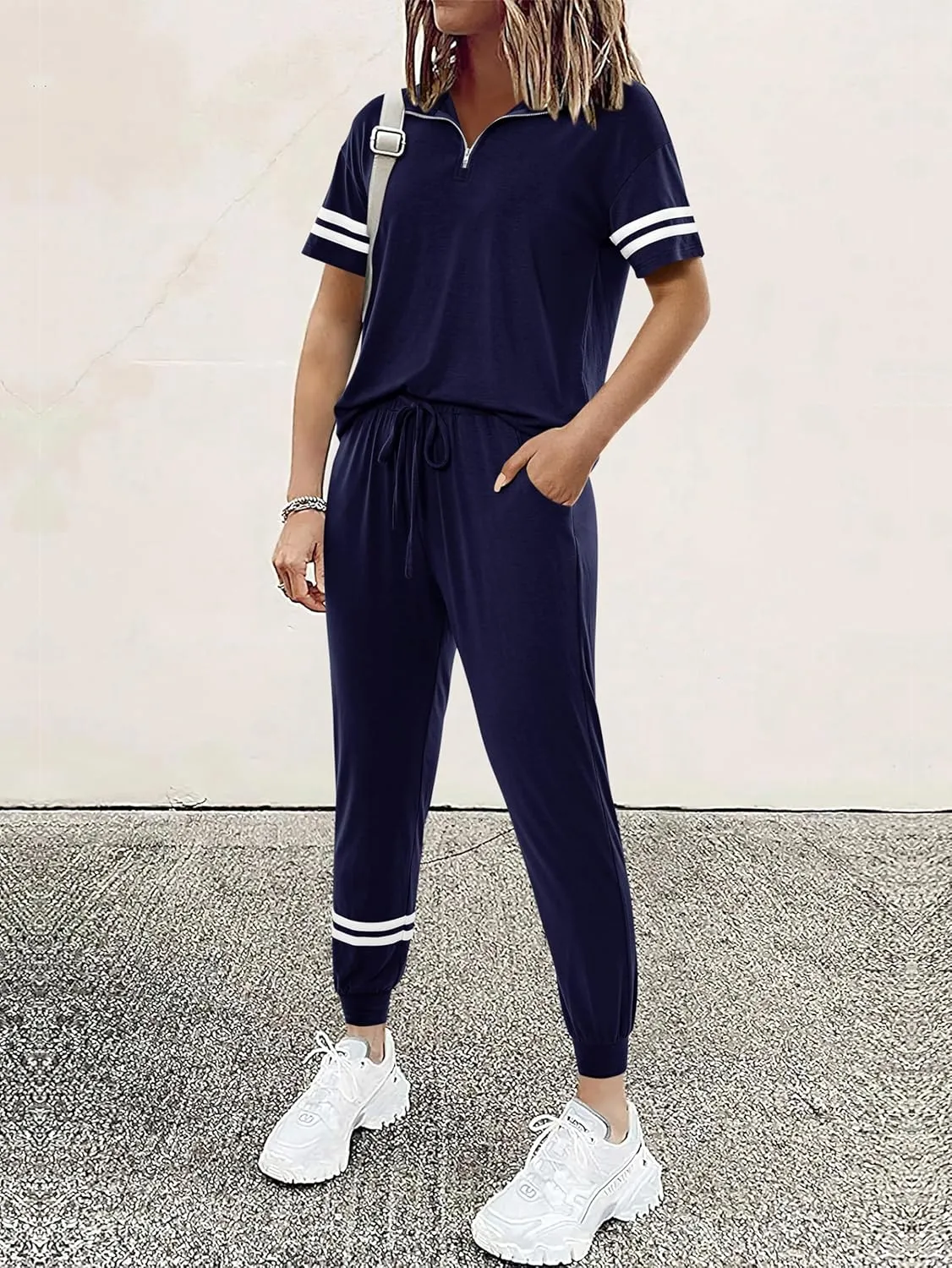 MASCOMODA 2 Piece Outfits for Women 2025 Summer Casual Quarter Zip Short Sleeve Tops Long Pants Tracksuit Jogger Lounge Sets