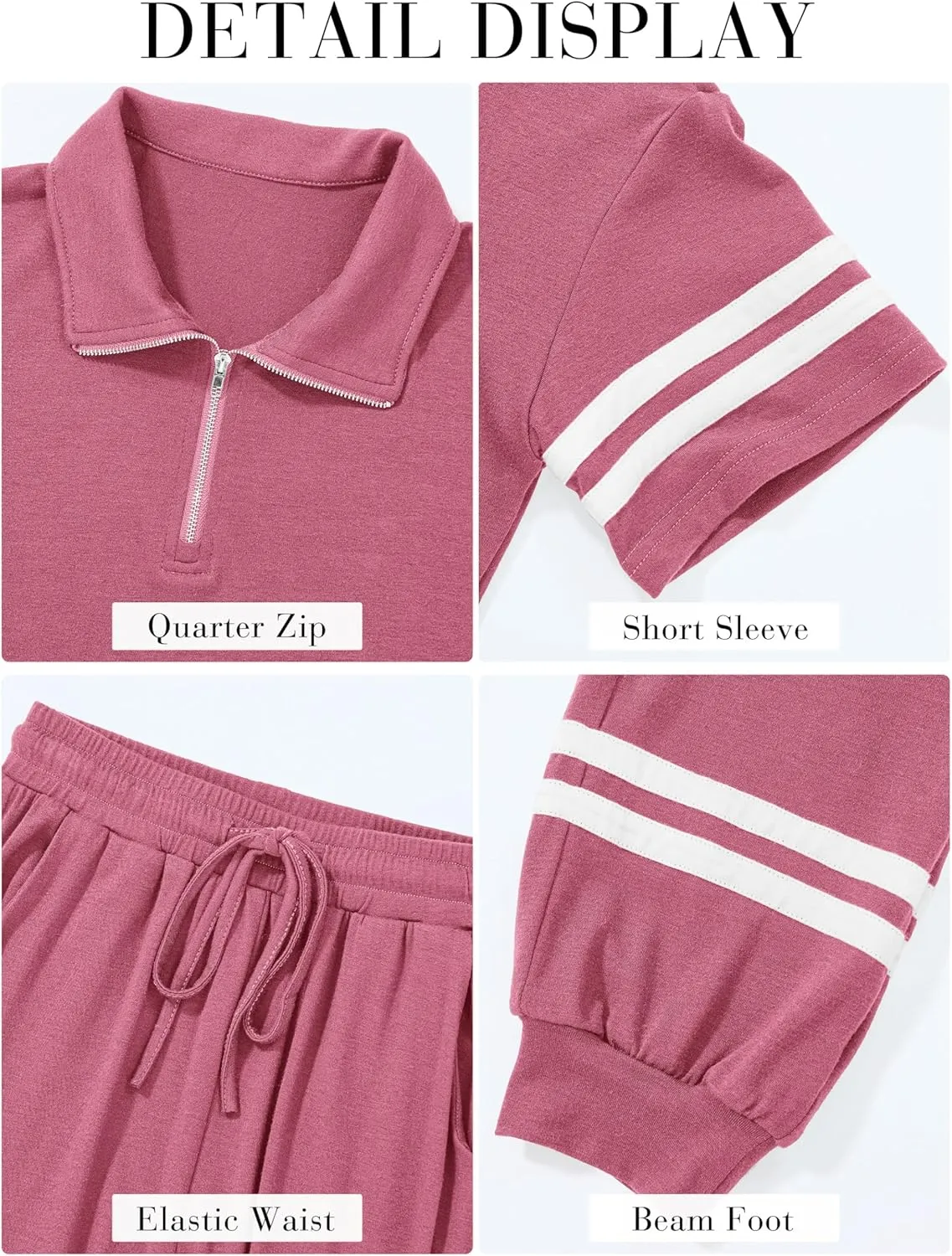 MASCOMODA 2 Piece Outfits for Women 2025 Summer Casual Quarter Zip Short Sleeve Tops Long Pants Tracksuit Jogger Lounge Sets