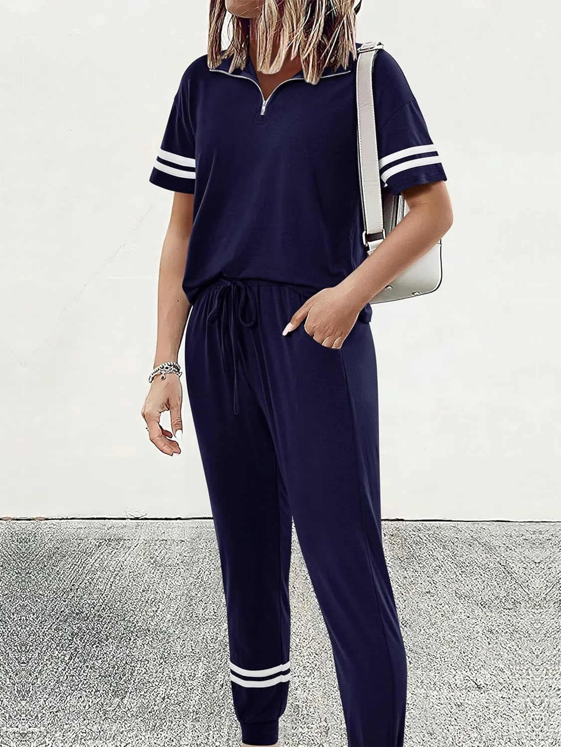 MASCOMODA 2 Piece Outfits for Women 2025 Summer Casual Quarter Zip Short Sleeve Tops Long Pants Tracksuit Jogger Lounge Sets