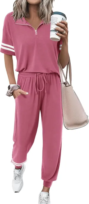 MASCOMODA 2 Piece Outfits for Women 2025 Summer Casual Quarter Zip Short Sleeve Tops Long Pants Tracksuit Jogger Lounge Sets
