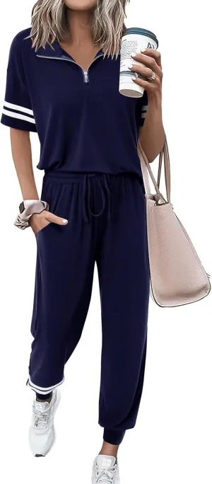 MASCOMODA 2 Piece Outfits for Women 2025 Summer Casual Quarter Zip Short Sleeve Tops Long Pants Tracksuit Jogger Lounge Sets
