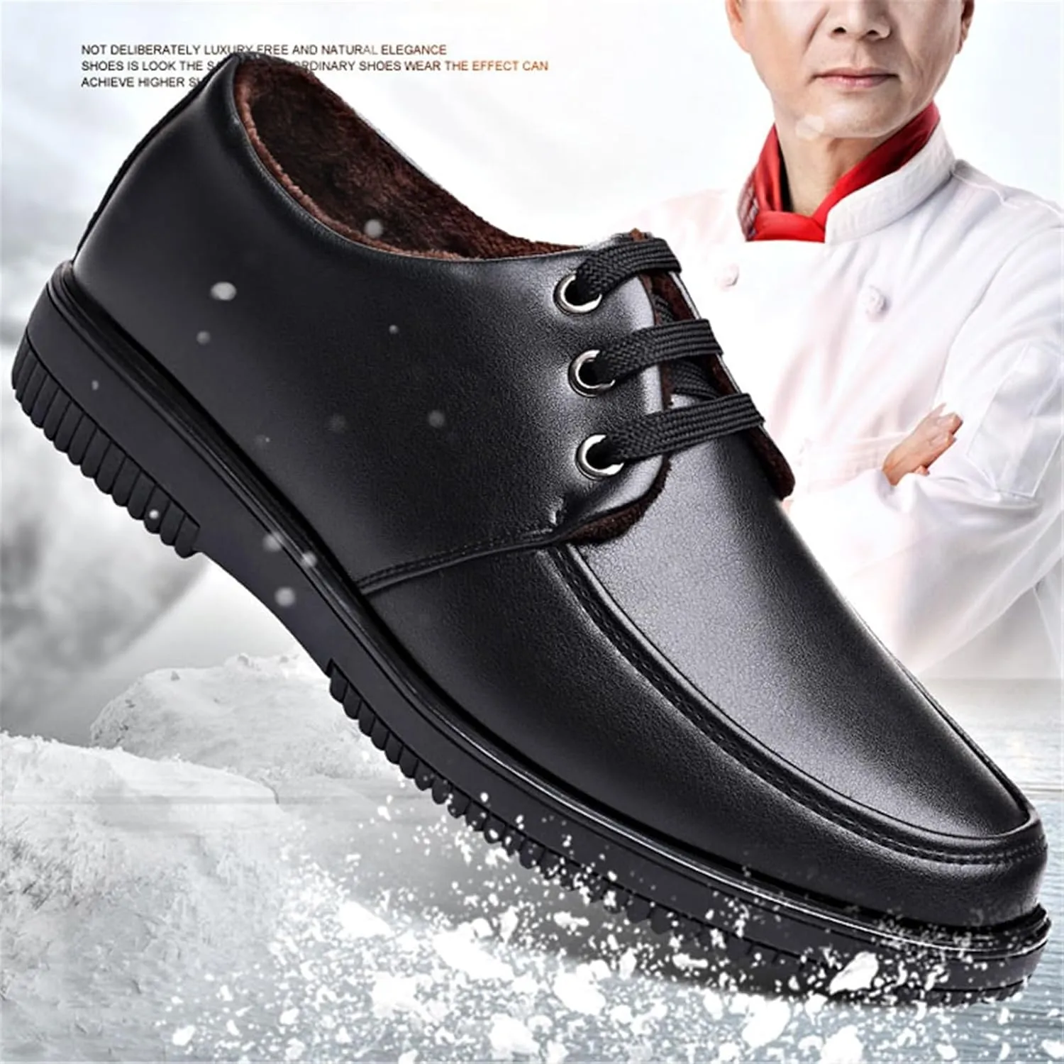Men's Lace-Up Leather Winter Warm Cotton Non Slip Waterproof Kitchen Chef Shoes, Lightweight Oil Resistant Hospital Food Service Restaurant Work Shoes, for Kitchen and Food Service