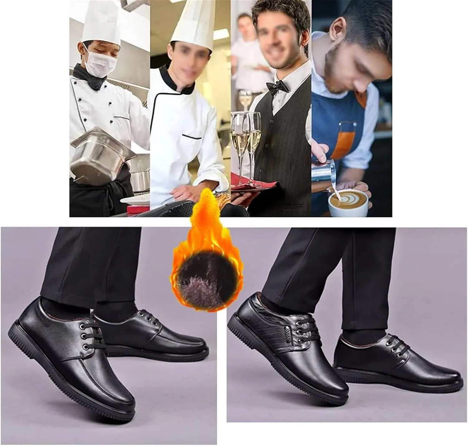 Men's Lace-Up Leather Winter Warm Cotton Non Slip Waterproof Kitchen Chef Shoes, Lightweight Oil Resistant Hospital Food Service Restaurant Work Shoes, for Kitchen and Food Service