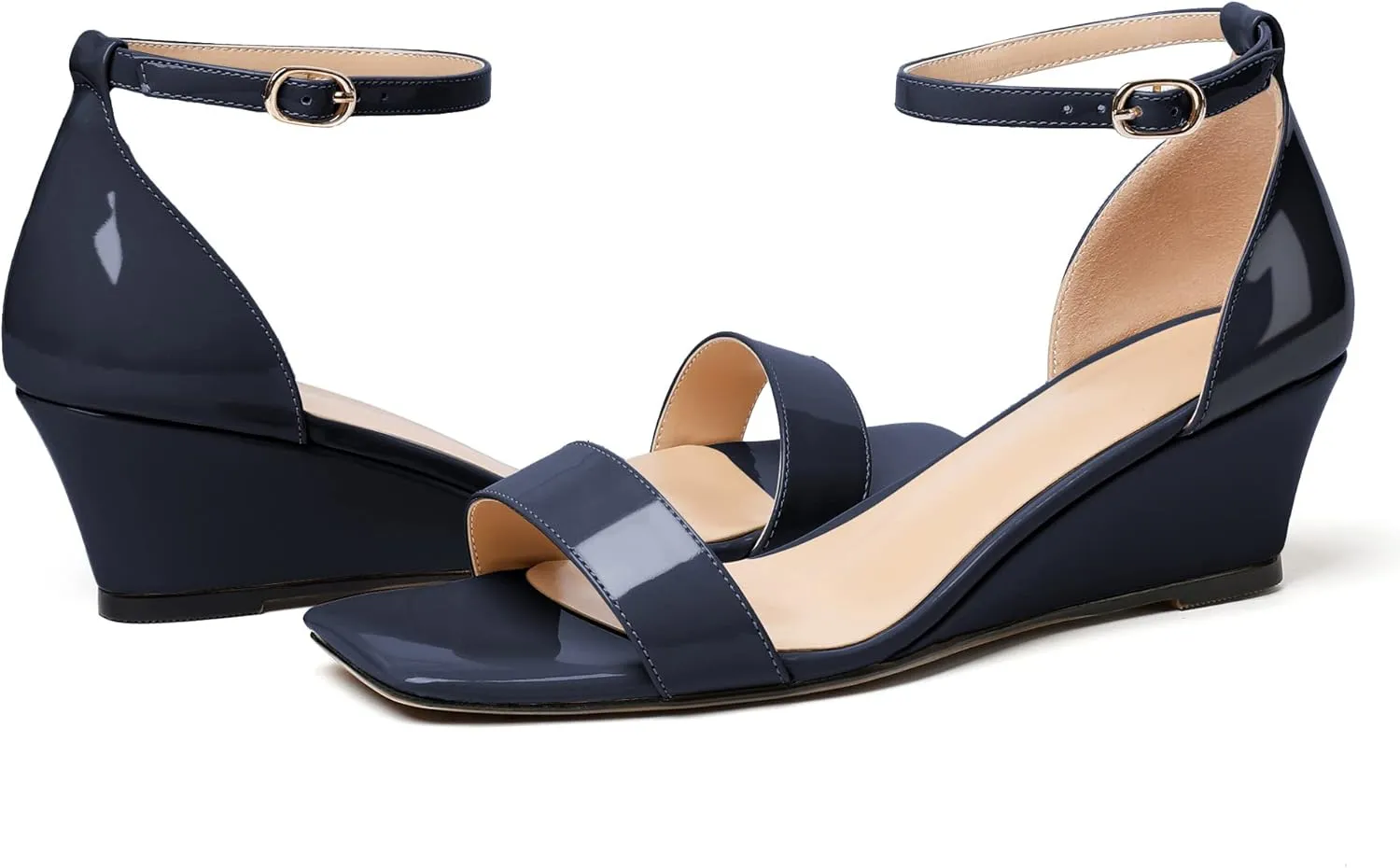 Mettesally Women's Wedge Heels Sandals Mid Heel Ankle Strap Square Open Toe Evening Dress Wedding Shoes