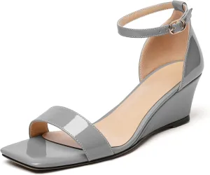 Mettesally Women's Wedge Heels Sandals Mid Heel Ankle Strap Square Open Toe Evening Dress Wedding Shoes