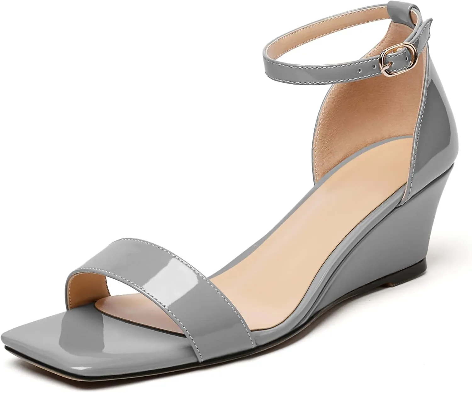 Mettesally Women's Wedge Heels Sandals Mid Heel Ankle Strap Square Open Toe Evening Dress Wedding Shoes