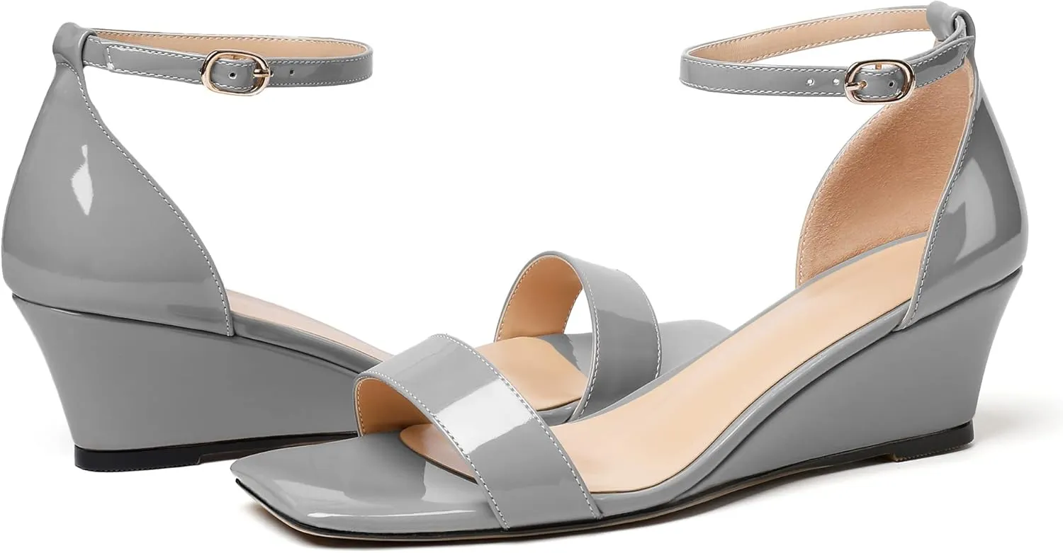 Mettesally Women's Wedge Heels Sandals Mid Heel Ankle Strap Square Open Toe Evening Dress Wedding Shoes