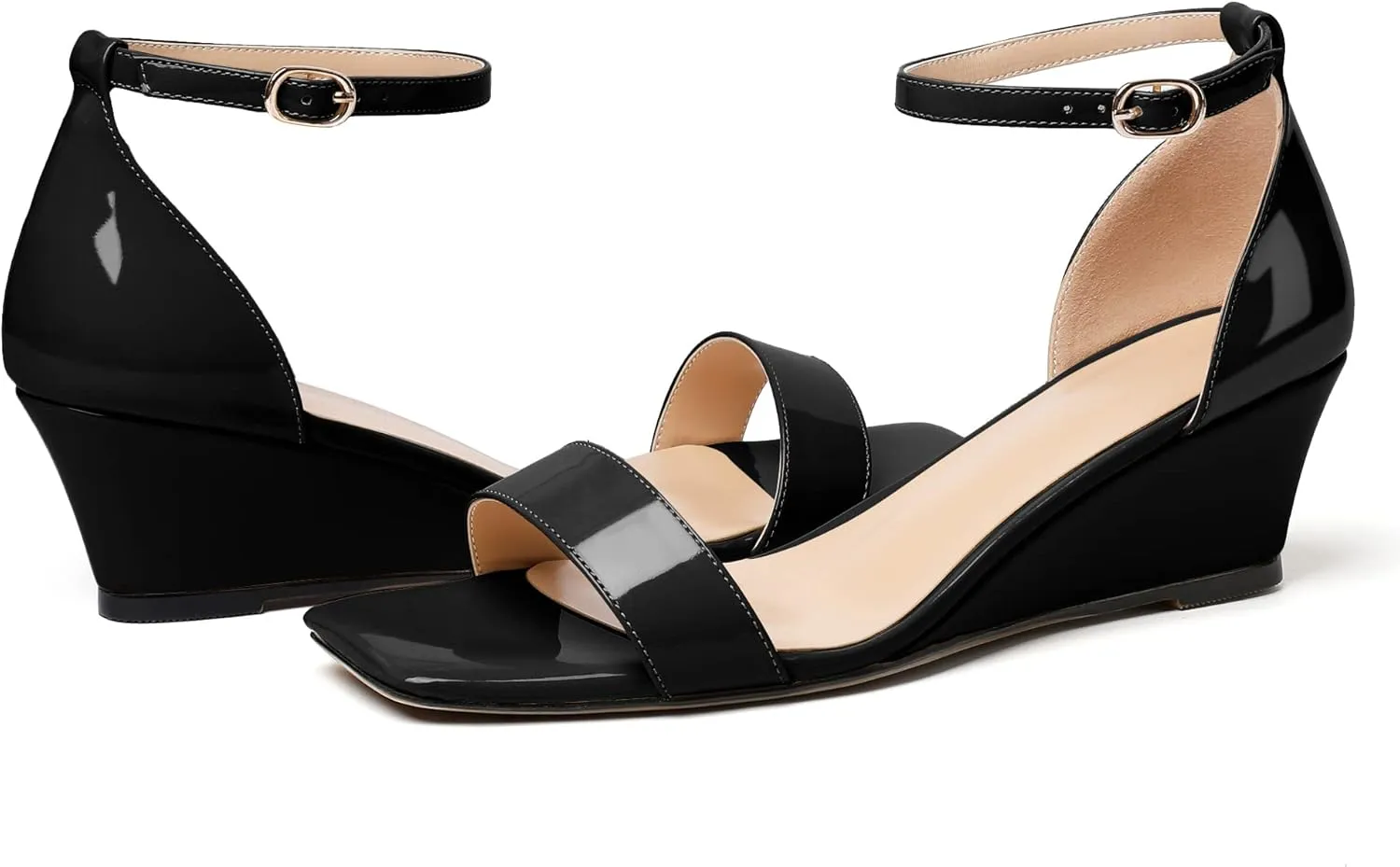 Mettesally Women's Wedge Heels Sandals Mid Heel Ankle Strap Square Open Toe Evening Dress Wedding Shoes