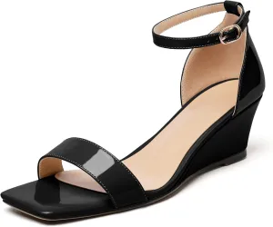 Mettesally Women's Wedge Heels Sandals Mid Heel Ankle Strap Square Open Toe Evening Dress Wedding Shoes