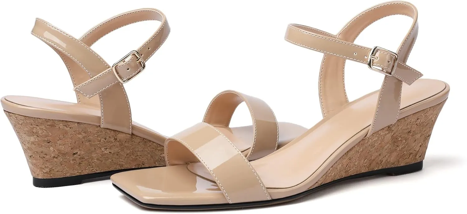 Mettesally Women's Wedge Sandals Square Open Toe Mid Cork Heels Ankle Strap Slingback Party Heeled Dress Shoes