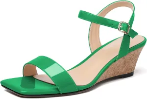 Mettesally Women's Wedge Sandals Square Open Toe Mid Cork Heels Ankle Strap Slingback Party Heeled Dress Shoes