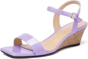 Mettesally Women's Wedge Sandals Square Open Toe Mid Cork Heels Ankle Strap Slingback Party Heeled Dress Shoes