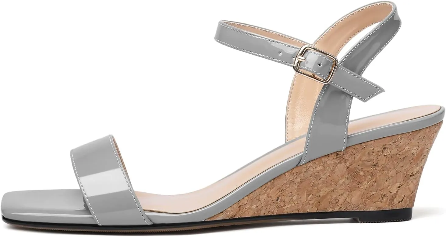 Mettesally Women's Wedge Sandals Square Open Toe Mid Cork Heels Ankle Strap Slingback Party Heeled Dress Shoes