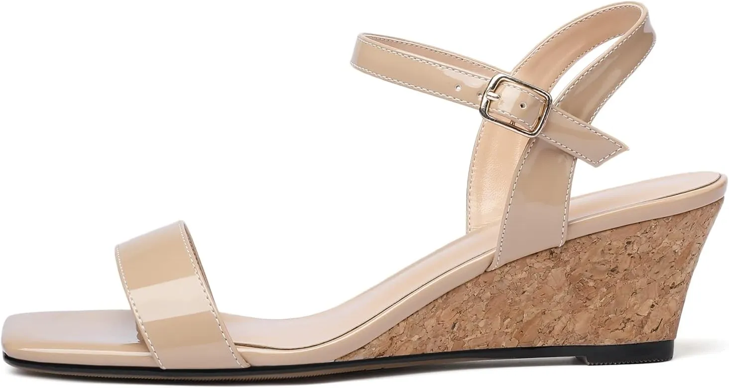 Mettesally Women's Wedge Sandals Square Open Toe Mid Cork Heels Ankle Strap Slingback Party Heeled Dress Shoes