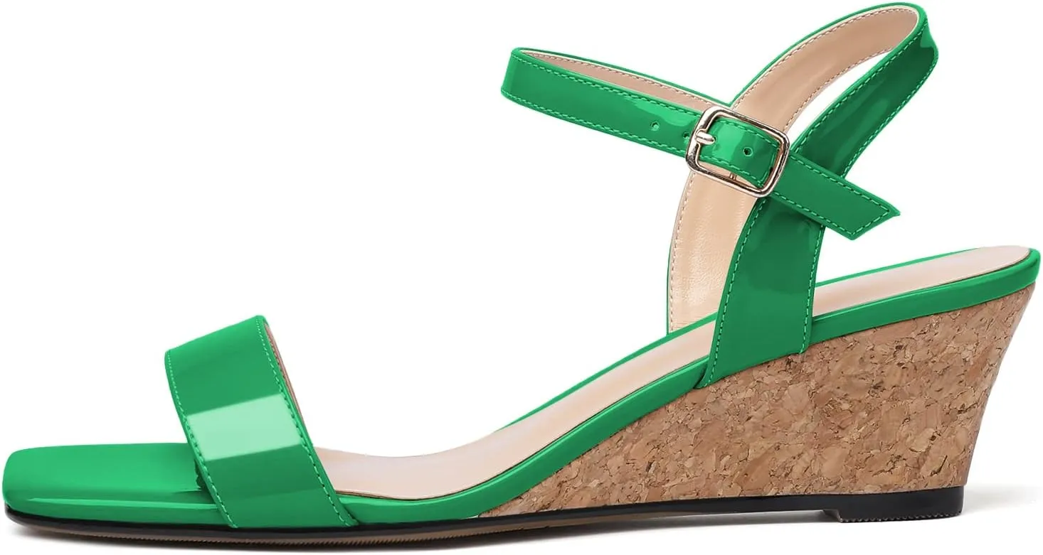 Mettesally Women's Wedge Sandals Square Open Toe Mid Cork Heels Ankle Strap Slingback Party Heeled Dress Shoes