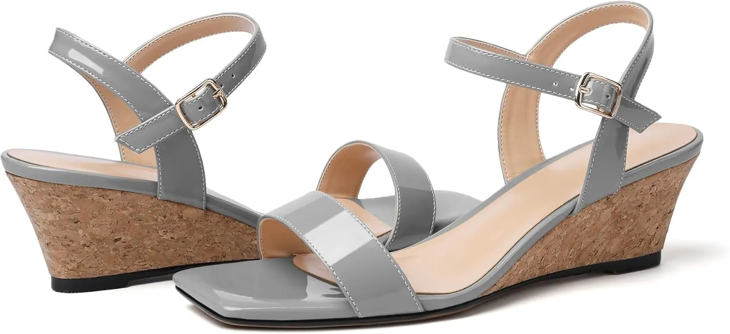 Mettesally Women's Wedge Sandals Square Open Toe Mid Cork Heels Ankle Strap Slingback Party Heeled Dress Shoes