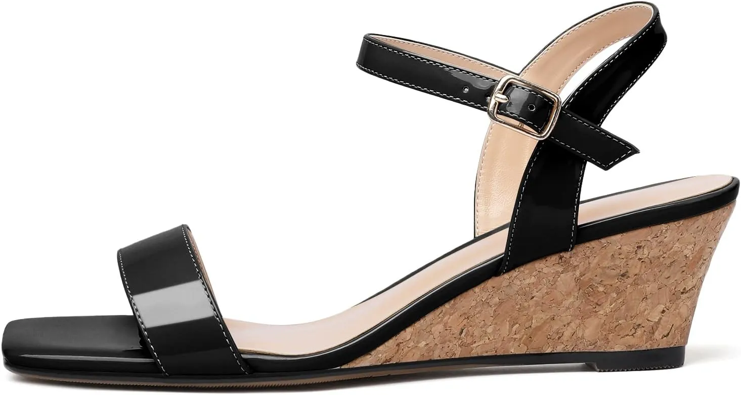 Mettesally Women's Wedge Sandals Square Open Toe Mid Cork Heels Ankle Strap Slingback Party Heeled Dress Shoes