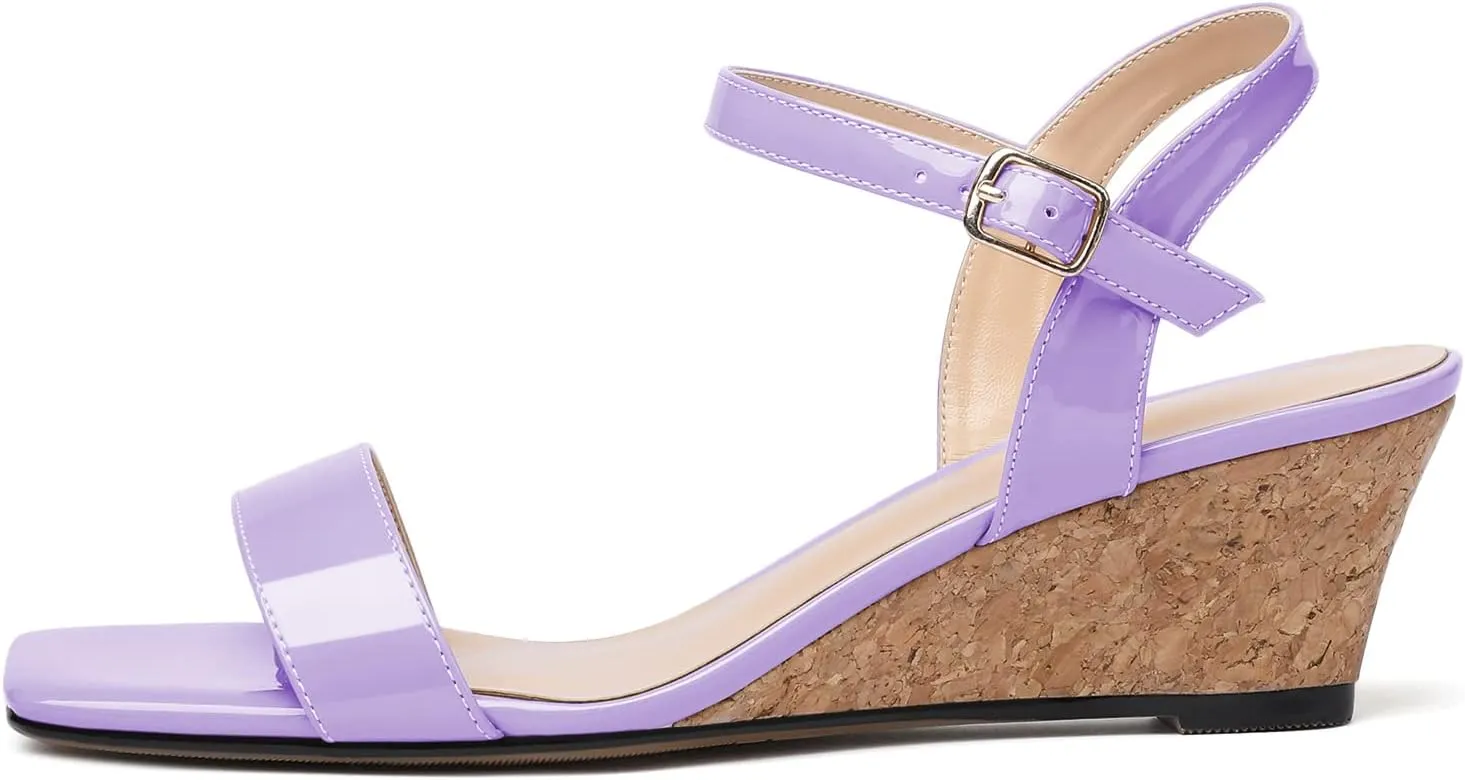 Mettesally Women's Wedge Sandals Square Open Toe Mid Cork Heels Ankle Strap Slingback Party Heeled Dress Shoes