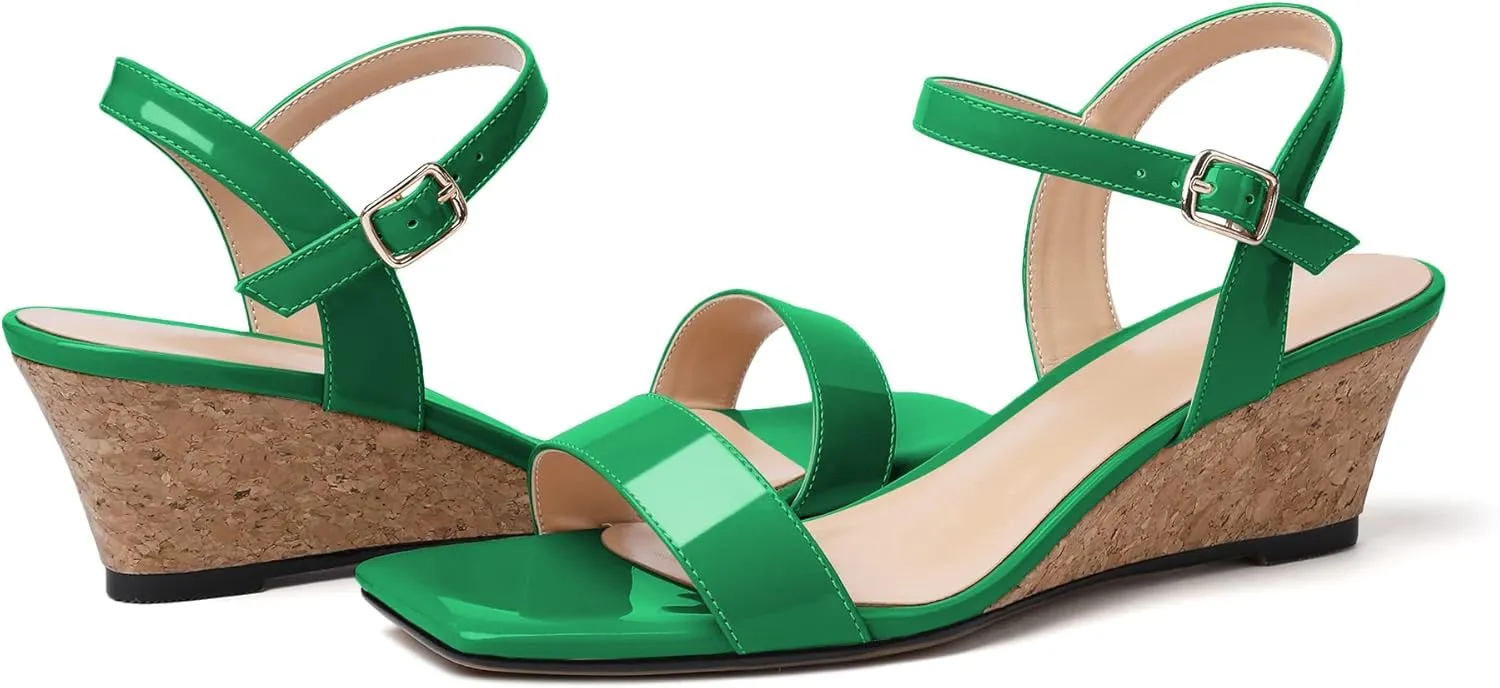 Mettesally Women's Wedge Sandals Square Open Toe Mid Cork Heels Ankle Strap Slingback Party Heeled Dress Shoes