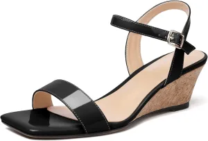 Mettesally Women's Wedge Sandals Square Open Toe Mid Cork Heels Ankle Strap Slingback Party Heeled Dress Shoes