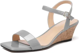 Mettesally Women's Wedge Sandals Square Open Toe Mid Cork Heels Ankle Strap Slingback Party Heeled Dress Shoes