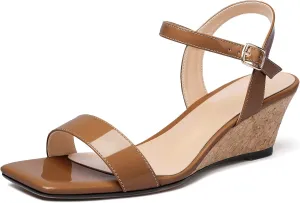 Mettesally Women's Wedge Sandals Square Open Toe Mid Cork Heels Ankle Strap Slingback Party Heeled Dress Shoes