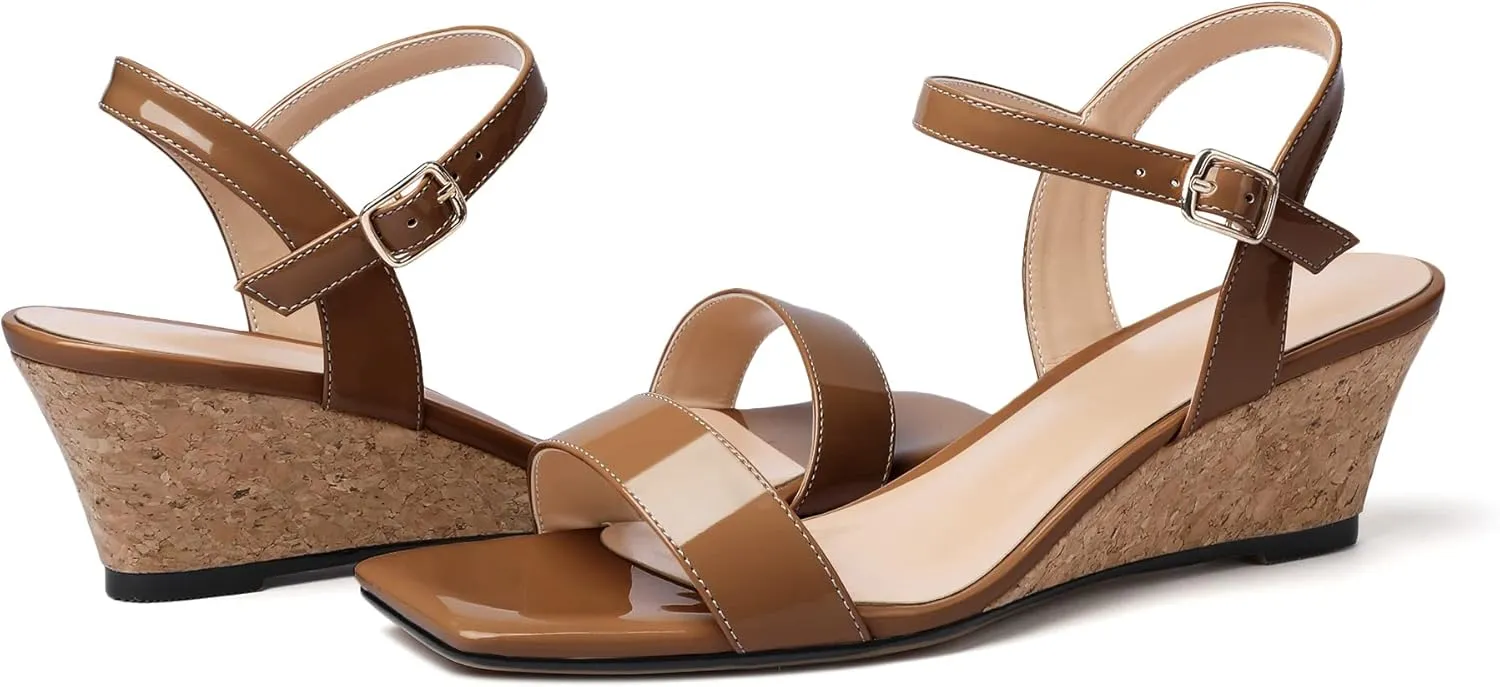 Mettesally Women's Wedge Sandals Square Open Toe Mid Cork Heels Ankle Strap Slingback Party Heeled Dress Shoes