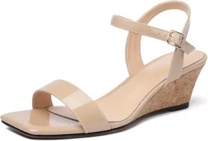 Mettesally Women's Wedge Sandals Square Open Toe Mid Cork Heels Ankle Strap Slingback Party Heeled Dress Shoes