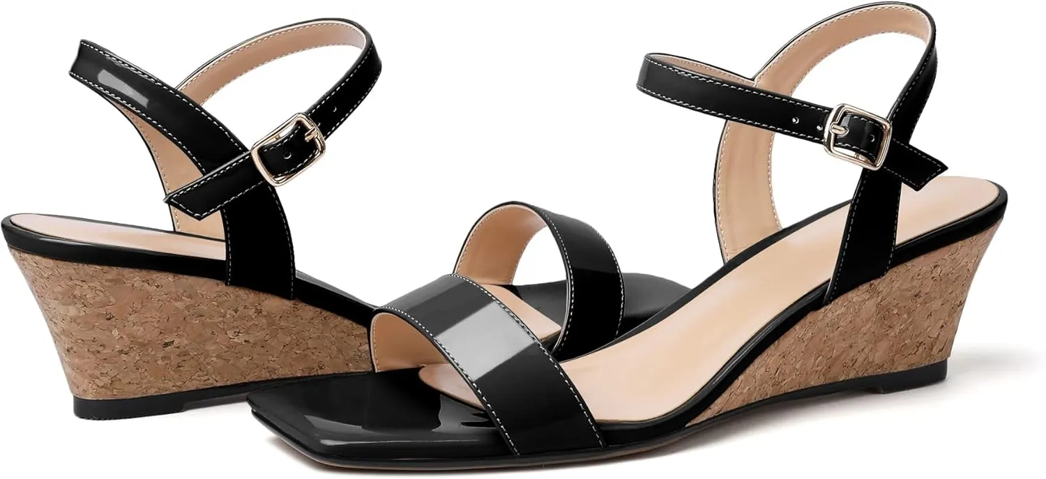 Mettesally Women's Wedge Sandals Square Open Toe Mid Cork Heels Ankle Strap Slingback Party Heeled Dress Shoes