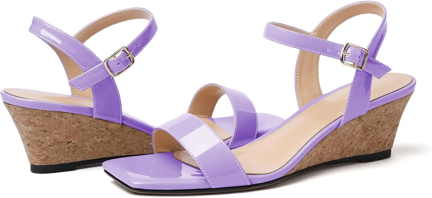 Mettesally Women's Wedge Sandals Square Open Toe Mid Cork Heels Ankle Strap Slingback Party Heeled Dress Shoes