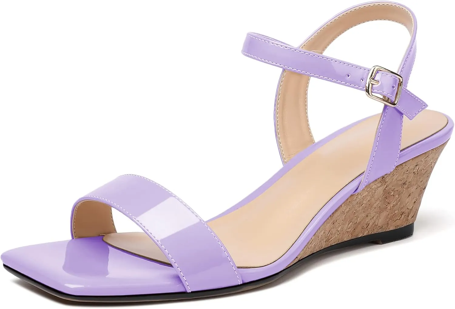 Mettesally Women's Wedge Sandals Square Open Toe Mid Cork Heels Ankle Strap Slingback Party Heeled Dress Shoes