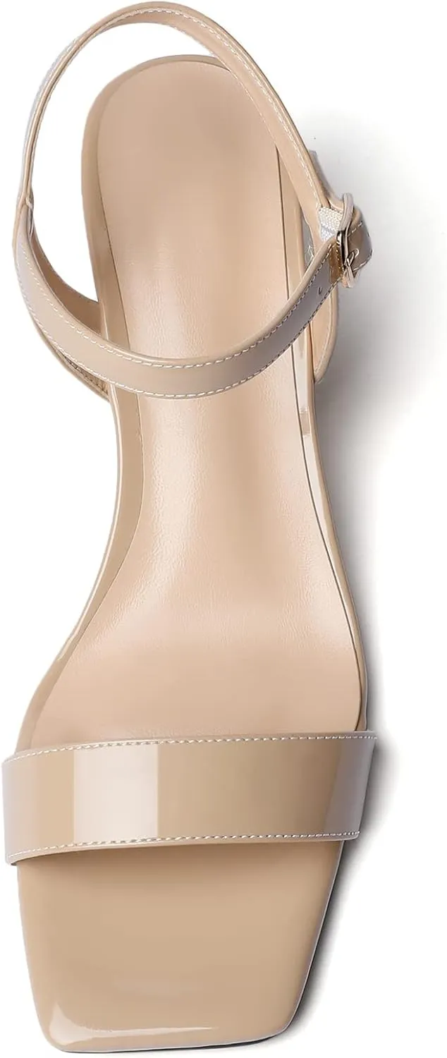 Mettesally Women's Wedge Sandals Square Open Toe Mid Cork Heels Ankle Strap Slingback Party Heeled Dress Shoes