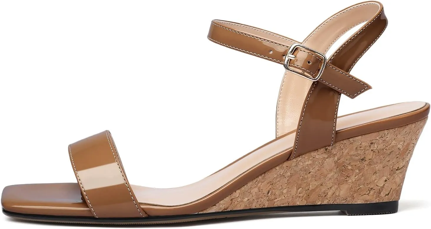 Mettesally Women's Wedge Sandals Square Open Toe Mid Cork Heels Ankle Strap Slingback Party Heeled Dress Shoes