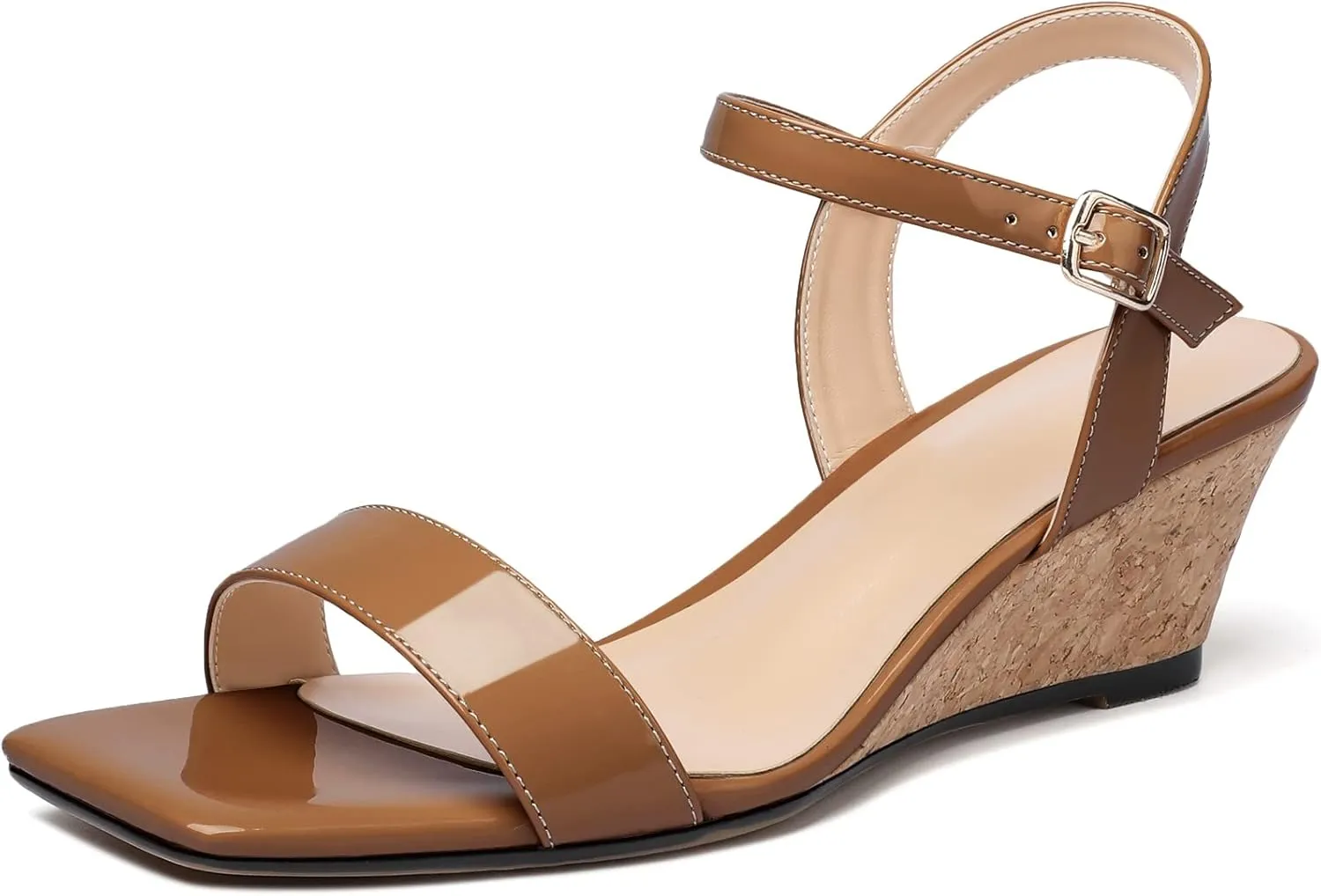 Mettesally Women's Wedge Sandals Square Open Toe Mid Cork Heels Ankle Strap Slingback Party Heeled Dress Shoes