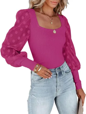 miduo Womens Tops Square Neck Polka Dot Balloon Long Sleeve Top Shirts Slim Knit Ribbed Tops Blouses