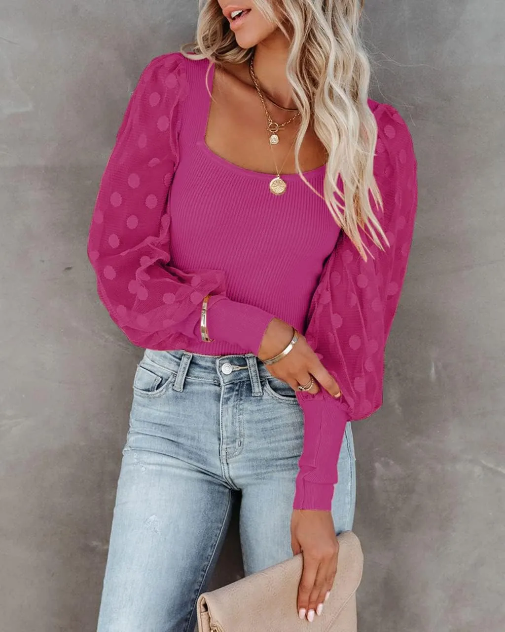 miduo Womens Tops Square Neck Polka Dot Balloon Long Sleeve Top Shirts Slim Knit Ribbed Tops Blouses