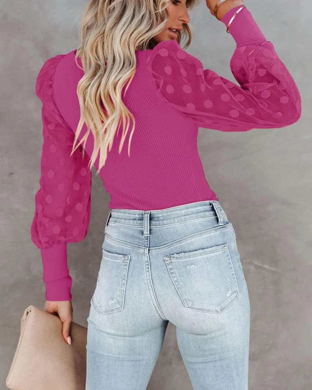 miduo Womens Tops Square Neck Polka Dot Balloon Long Sleeve Top Shirts Slim Knit Ribbed Tops Blouses