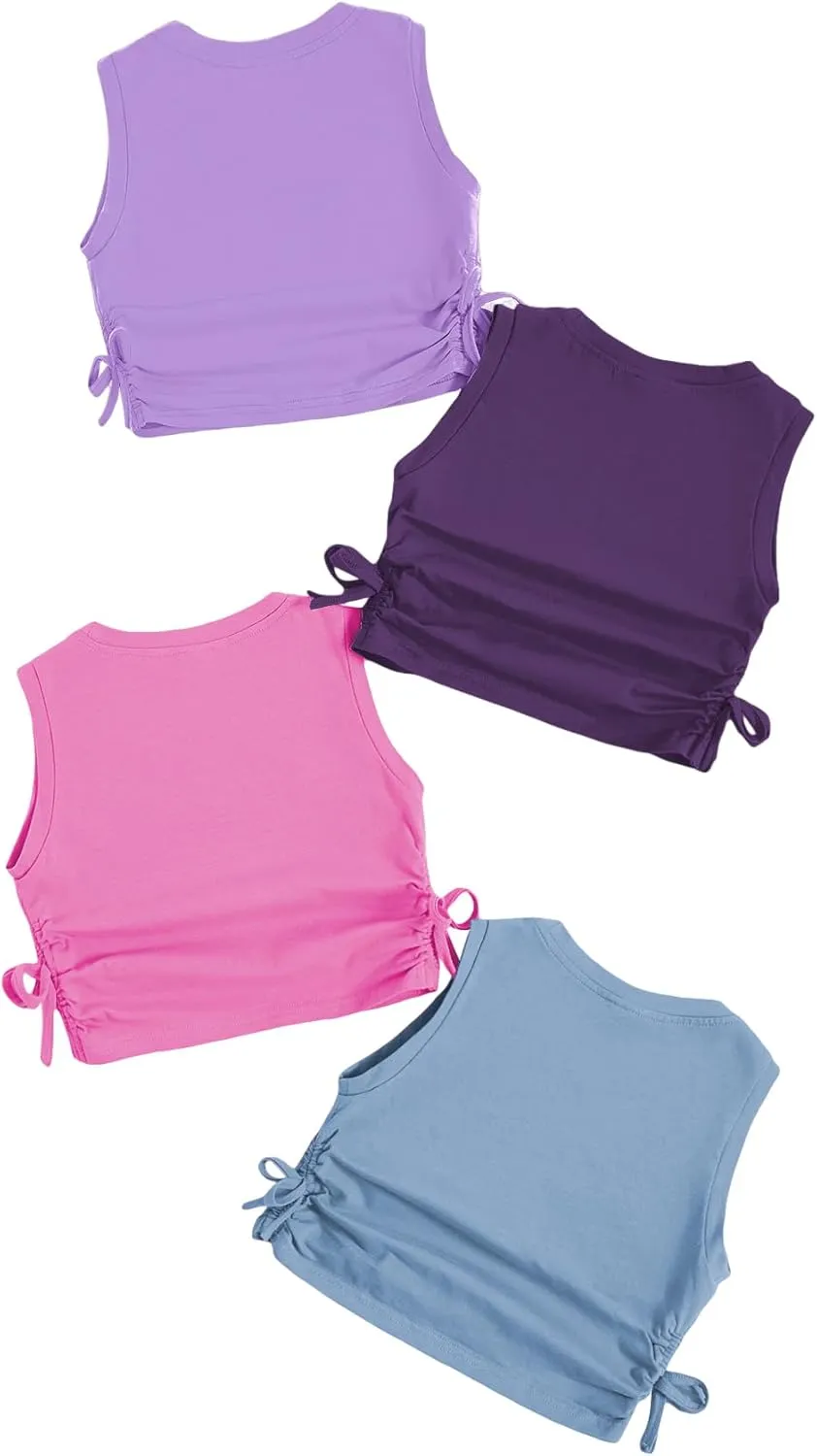 Milumia Girl's 4 Pack Dance Tops Ruched Knot Side Solid Round Neck Crop Tank Tops