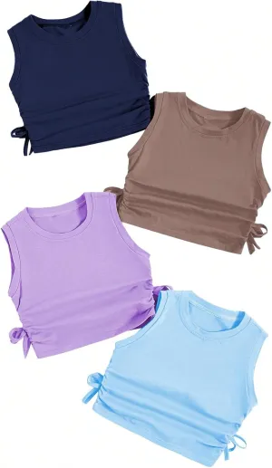 Milumia Girl's 4 Pack Dance Tops Ruched Knot Side Solid Round Neck Crop Tank Tops