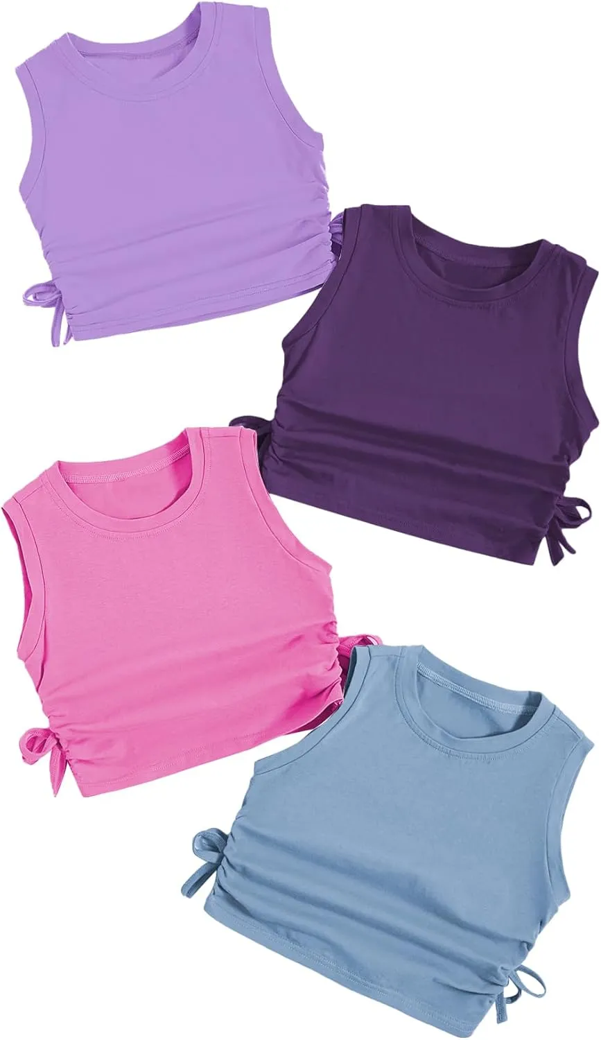 Milumia Girl's 4 Pack Dance Tops Ruched Knot Side Solid Round Neck Crop Tank Tops