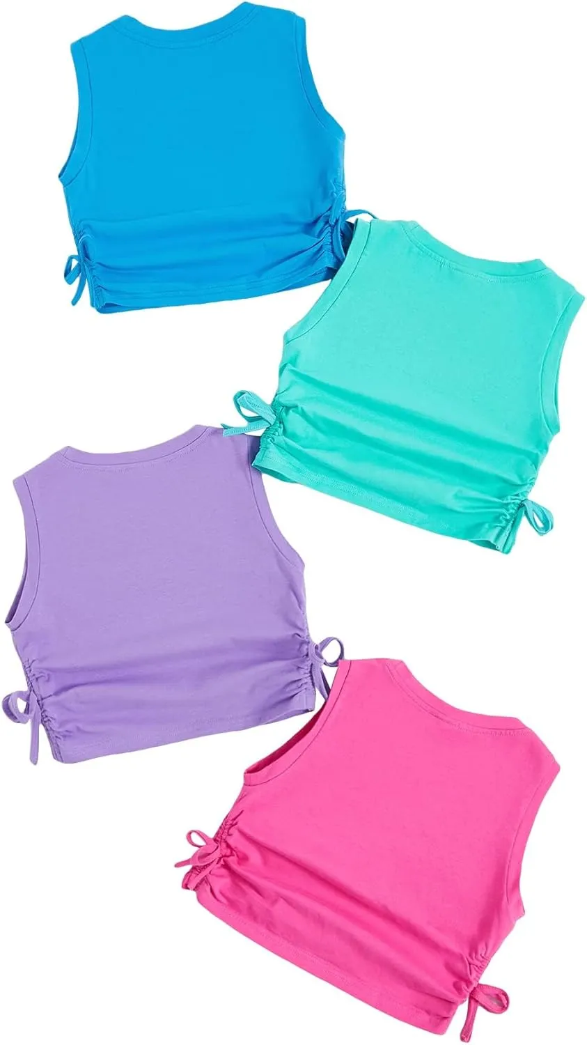 Milumia Girl's 4 Pack Dance Tops Ruched Knot Side Solid Round Neck Crop Tank Tops