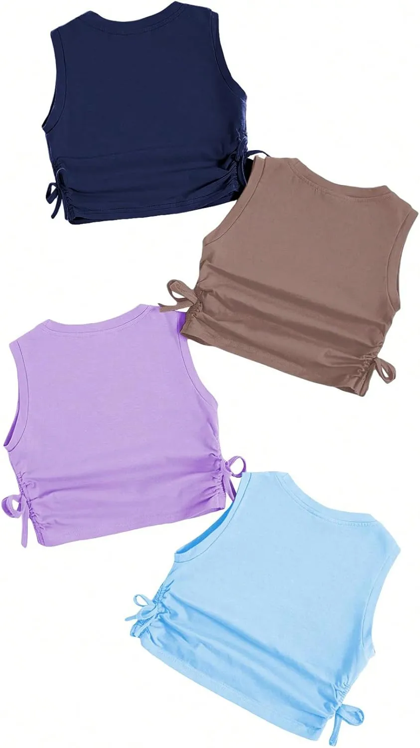 Milumia Girl's 4 Pack Dance Tops Ruched Knot Side Solid Round Neck Crop Tank Tops